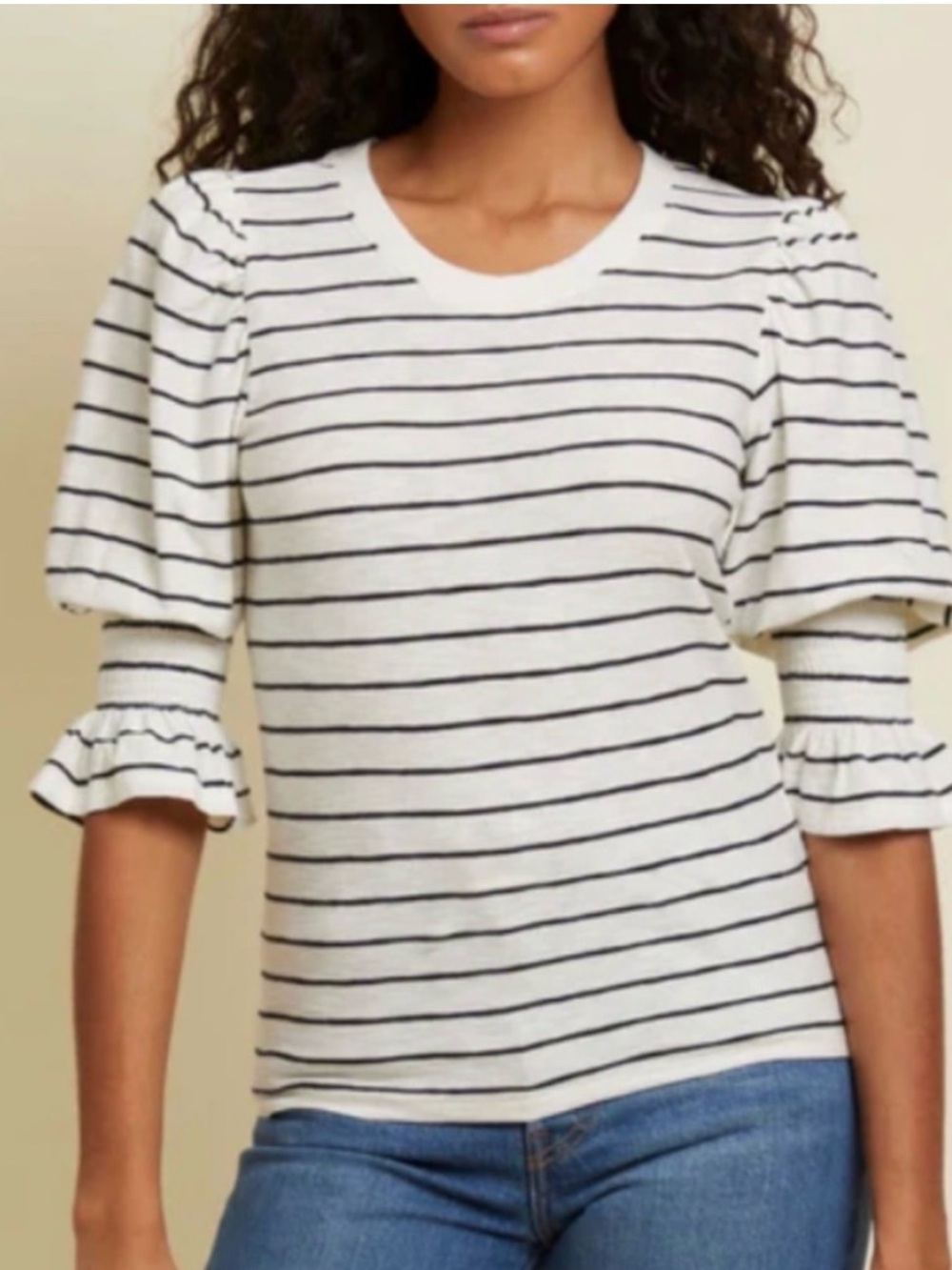 Nation LTD Striped Puffy Sleeve Top L 100% Pima Cotton Black White